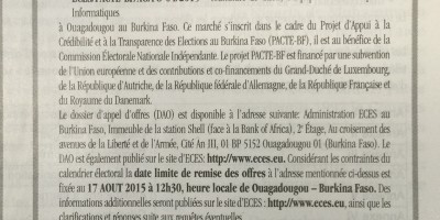 APPEL D'OFFRES PORTANT SUR LA FOURNITURE DE GILETS ELECTORAUX, D'EQUIPEMENTS ELECTRIQUES ET INFORMATIQUES POUR PACTE BURKINA FASO